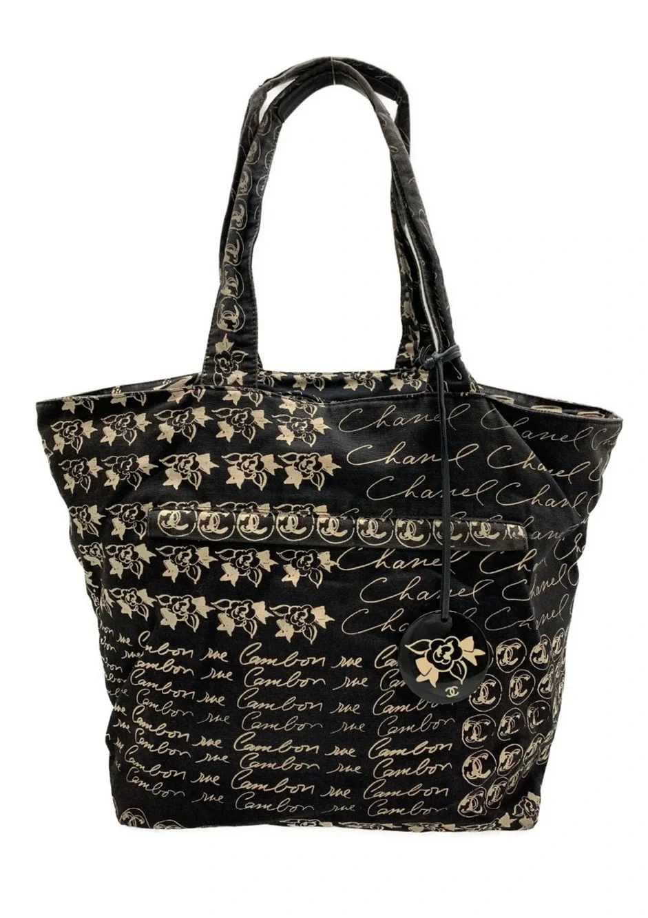 Chanel Graffiti Tote CC Print Camellia Drawstring Bag Black Cambon Mademoiselle